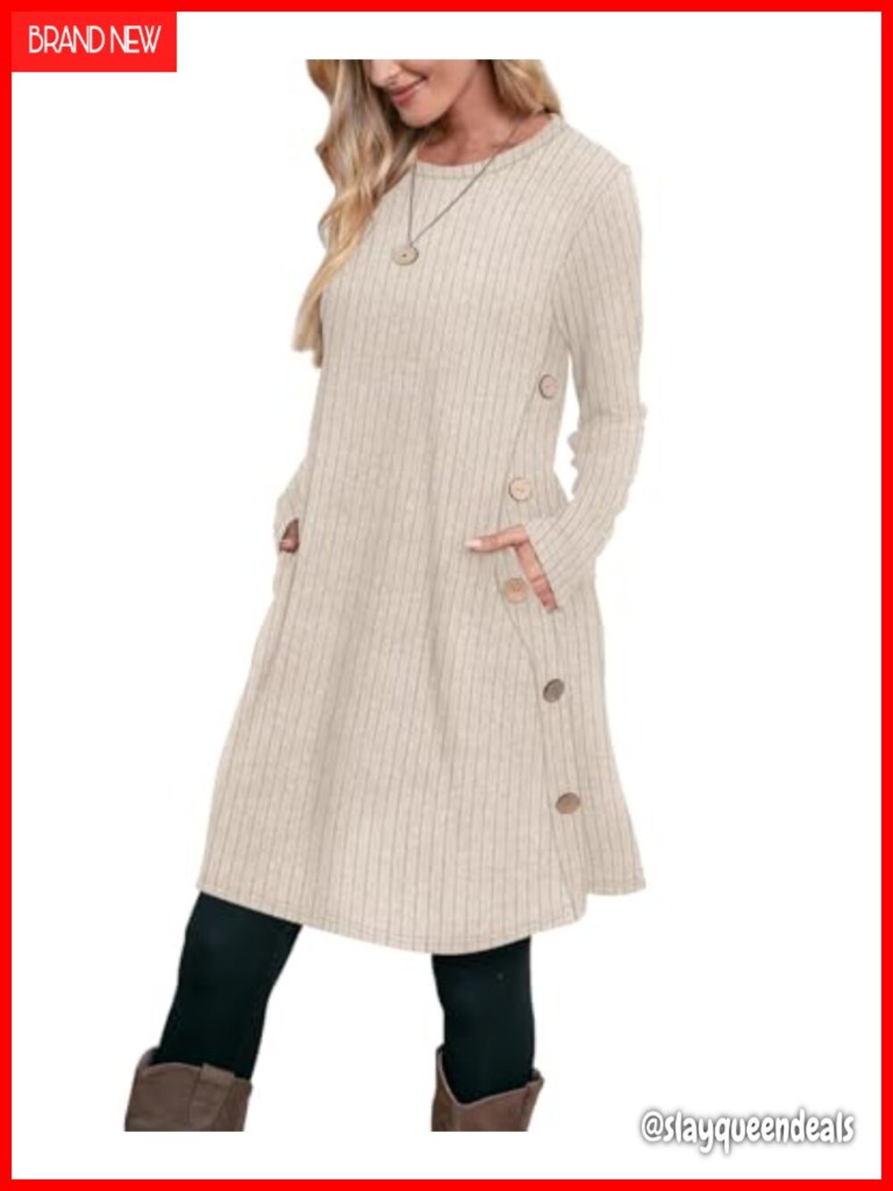 OFEEFAN Long Sleeve Dress with Pockets Crew Neck A-line Casual